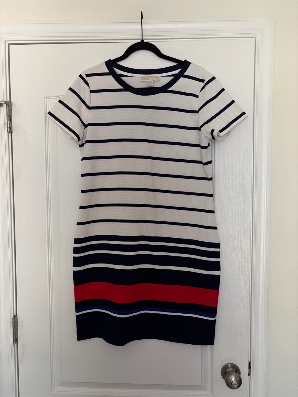 MICHAEL Michael Kors White, Navy & Red Striped Short-Sleeve Shift Dress